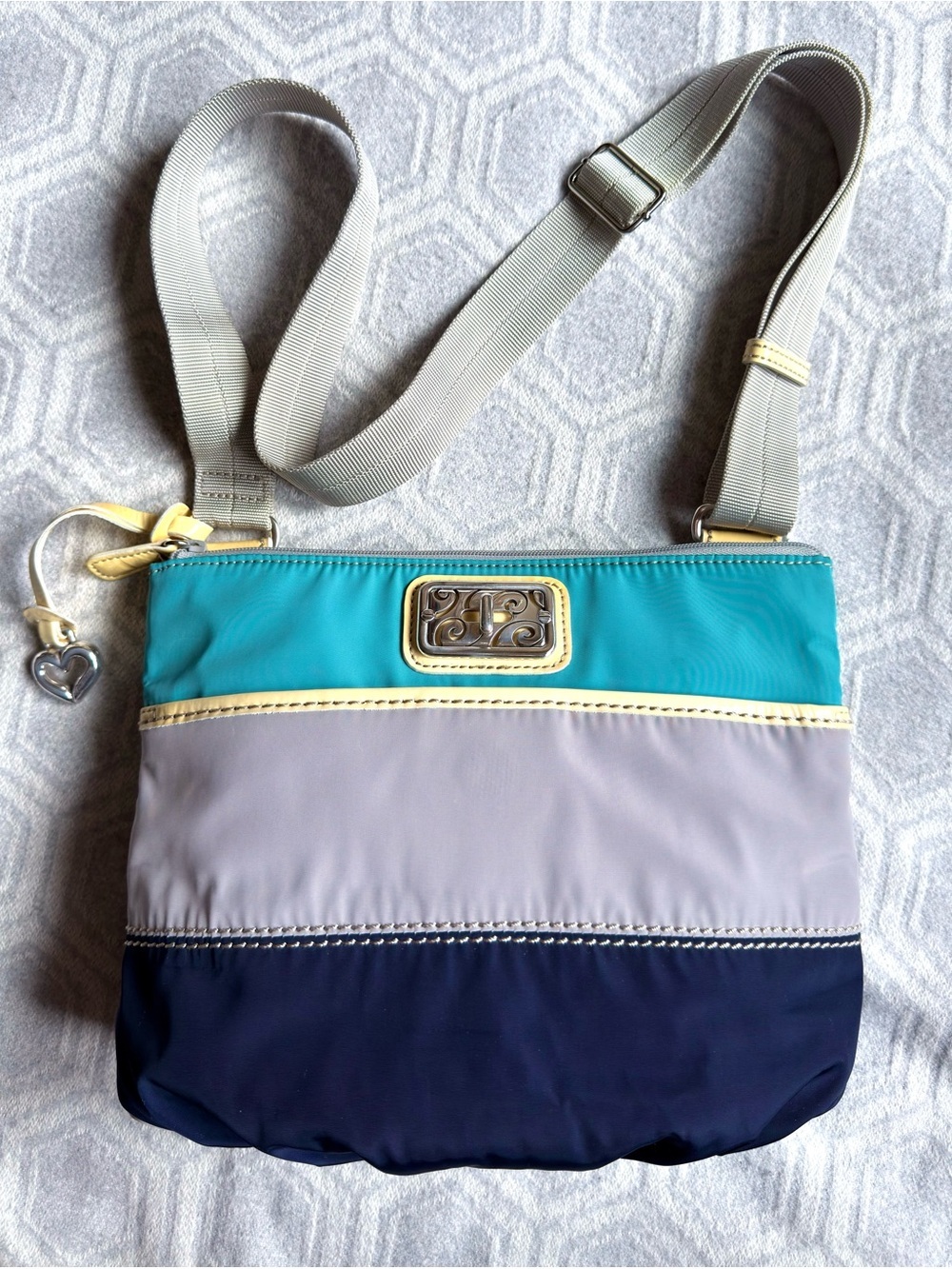 Brighton Nylon “Cadence” Crossbody Bag Yellow Trim Blue Gray Teal Colorblock NWT